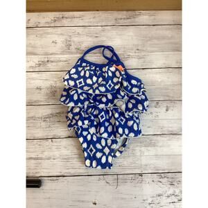 Carter's Baby Girls One Piece Size 9 Months Blue White Ruffle Bathing Swimsuit